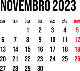 November 2023 calendar vector in flat and clean style, week start on monday