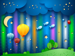 Fantasy landscape at night with northern lights, balloons and flying fishes. Vector illustration eps10