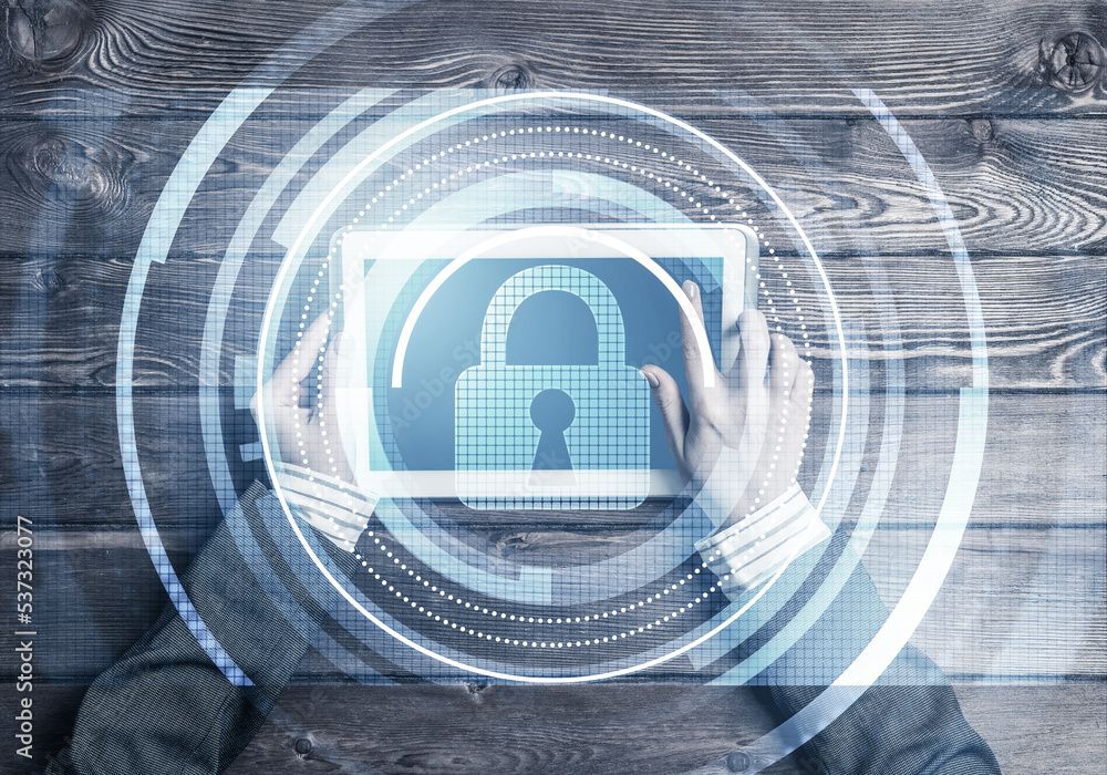 Poster concept of computer access with media lock icon on tablet screen