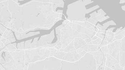 White and light grey Kitakyushu city area vector background map, roads and water illustration. Widescreen proportion, digital flat design.