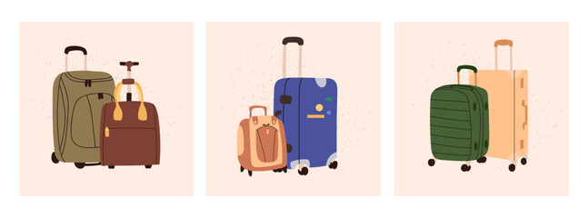 Three doodle illustration with luggage. Isolated vector suitcases collection hand drawn