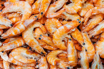 Orange shrimp on the counter in the store. Seafood trade in the wholesale and retail network. Close-up
