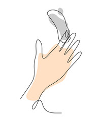 A cat's paw on an open human palm. Vector illustration in line art style