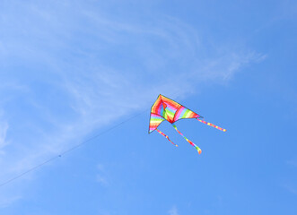 big kite with the colors of the rainbow flying in the blue sky symbol of equality and hope and peace