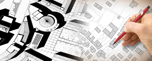Planning a new city - Engineer-architect drawing with a pencil a sketch of a new modern imaginary town - concept image