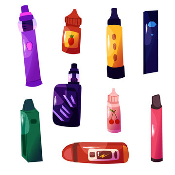 Electronic cigarettes vector icons. Vape device doodle collection. Various of colorful vape pens.