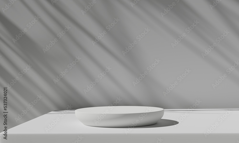 Poster White product display podium with shadow nature leaves on white background. 3D rendering