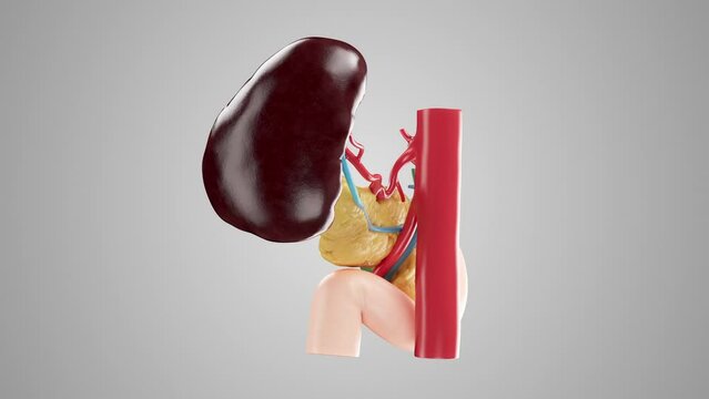Anatomically accurate animation turntable of human pancreas with gallbladder, duodenum, spleen and blood vessels. 3d rendering