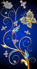 Illustration background wallpaper for phone with flower and butterflies with precious stones.