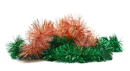 Red and green tinsel, Christmas ornament, decoration, isolated on white 