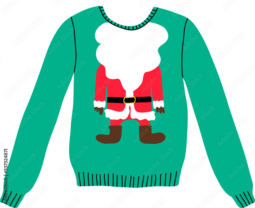 Wall mural Christmas ugly green winter sweater in flat line trendy style, Santa Claus red costume with beard. Hand drawn holiday cartoon colorful PNG illustration for Xmas party. Warm knitted jumper.	
 - Wall murals