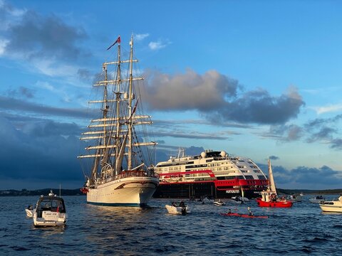 School ship Sorlandet and Hurtigruten during NRK Sommersending in Norway