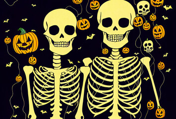 Nice skeletons and halloween, flat design illustration for death day