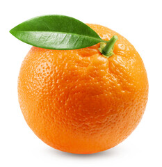 Orange isolated. Ripe juicy orange with green leaf isolated on white background. Fresh fruits.