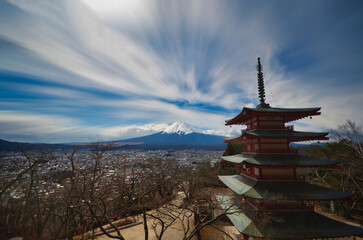 Fototapeta premium Mt. Fuji Beautiful landscape of mountain fuji with chureito pagoda around maple leaf tree in autumn season at Yamanashi Japan