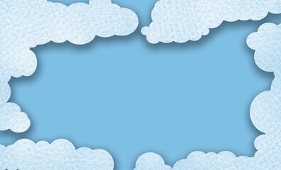 White fluffy clouds surround an opening that reveals clear blue sky where graphic elements or text may be placed.