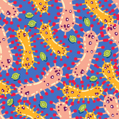 Monkey pox. Vector illustration epidemic virus. Infectious disease. Molecules close up. Pattern. Dark background, wallpaper, cartoon style