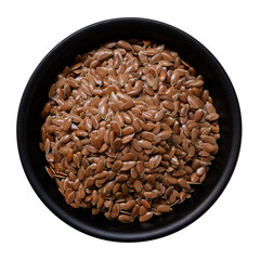 Flax seeds in a black ceramic bowl isolated from above.