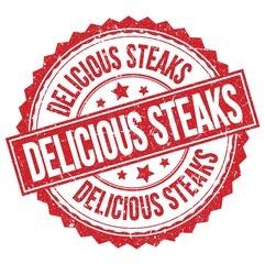 DELICIOUS STEAKS text on red round stamp sign