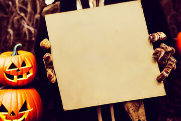 Blank cardboard sign in hand, 3d illustration of halloween
