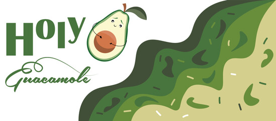 Text HOLY GUACAMOLE and avocado on white background