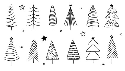 hand drawn christmas Tree Vector, svg Xmas Tree. Set of 12 Christmas Trees and stars. Christmas tree line drawing. Minimalistic line art style. New Years and xmas traditional .