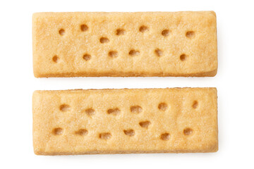 Two parallel butter shortbread finger biscuits from above.