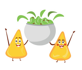 Bowl of tasty guacamole and funny nachos on white background