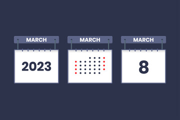 2023 calendar design March 8 icon. 8th March calendar schedule, appointment, important date concept.
