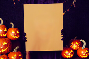 Blank cardboard sign for text or inscriptions, 3d illustration of halloween