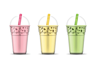 Realistic Detailed 3d Fruit Bubble Milk Tea Set Cold Drink in Takeaway Plastic Cup with Cap and Straw. Vector illustration