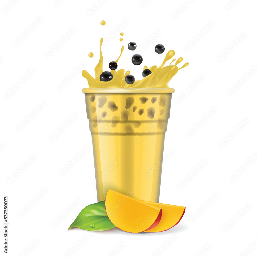 Canvas Prints Realistic Detailed 3d Bubble Milk Tea with Sweet Ripe Mango Slice and Splashing Boba Drink. Vector illustration