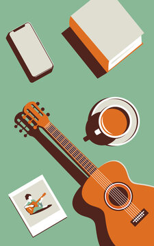 Vector illustration of a guitar and other items on a mint green background. Minimalistic illustration in trendy colors. Music concept or memories or coffee break.