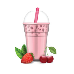 Realistic Detailed 3d Bubble Milk Tea with Sweet Strawberry and Cherry. Vector illustration of Berry Flavor Boba Drink