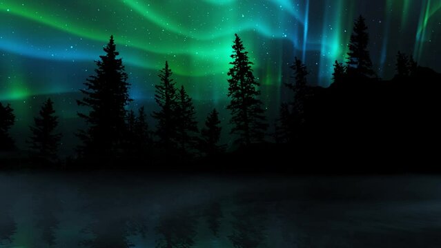 Aurora Borealis Lights over Pine Forest Silhouette 4K Loop features a pine forest silhouette with water reflection and steam rising with Aurora Borealis style lights behind in a loop