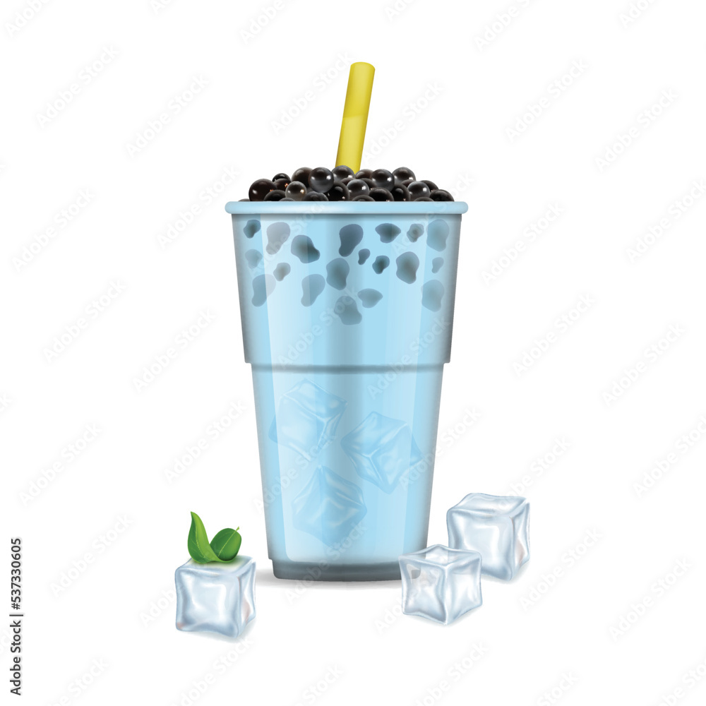 Canvas Prints Realistic Detailed 3d Bubble Milk Tea with Ice Cubes and Green Leaves. Vector illustration of Boba Drink