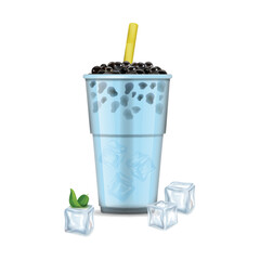 Fototapeta na wymiar Realistic Detailed 3d Bubble Milk Tea with Ice Cubes and Green Leaves. Vector illustration of Boba Drink