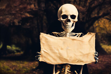 Skeleton holding a sign or blank card for inscription, illustration 3d