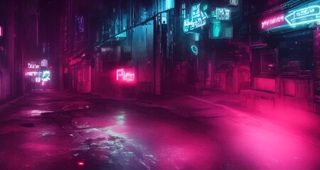 Cyberpunk art 3D illustration of  futuristic cityscape. City of the future at bright multicolored neon night. Neon Haze. Evening urban landscape.