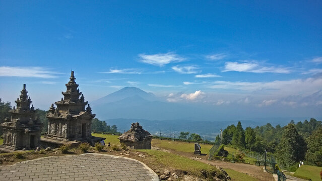 Gedong Songo Temple with a view of the mountains

