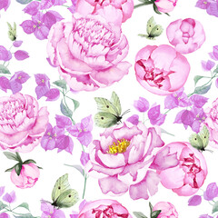 Seamless floral pattern of beautiful pink peony and purple bougainvillea flowers with green leaves and yellow lemongrass butterflies on white background. Hand drawn watercolor.