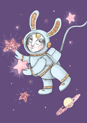 Rabbit astronaut collects stars in space
