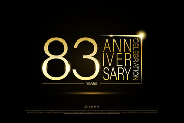 83 years golden anniversary gold logo on black background, vector design for celebration.