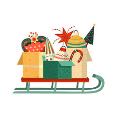 Christmas tree ornaments in gift boxes on Santa sleigh vector icon. Festive Christmas decoration ball, star cartoon illustration. Happy New Year sale, celebrate invitation, web greeting design element