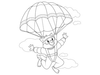 Wolf jumps with a parachute, flying in the sky. Raster isolated, children coloring book.