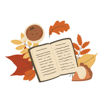 Fall illustrations with book, cozy sweater, leaves, pumpkin pie and cup of tea or coffee, Cute autumn vector clipart in flat cartoon style.
