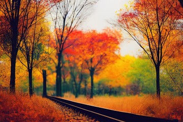 Naklejka na ściany i meble Railway in an orange autumn forest covered with orange leaves