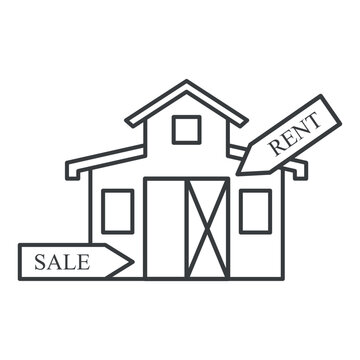 Icon for renting or selling a warehouse. A simple linear image of a building in the form of a storage barn with two directional signs for rent and sale. Vector on a white background.