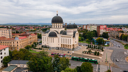 Obraz premium Aerial photography of the Orthodox Cathedral in Arad, Romania. Photo was taken from a drone at lower altitude in landscape.
