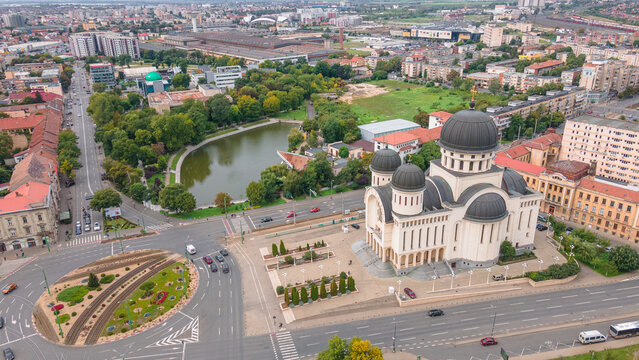 Top view of Arad, Romania cityscape with the Orthodox Cathedral and the surounding buidings. Photography was shot from a drone at a higher altitude.